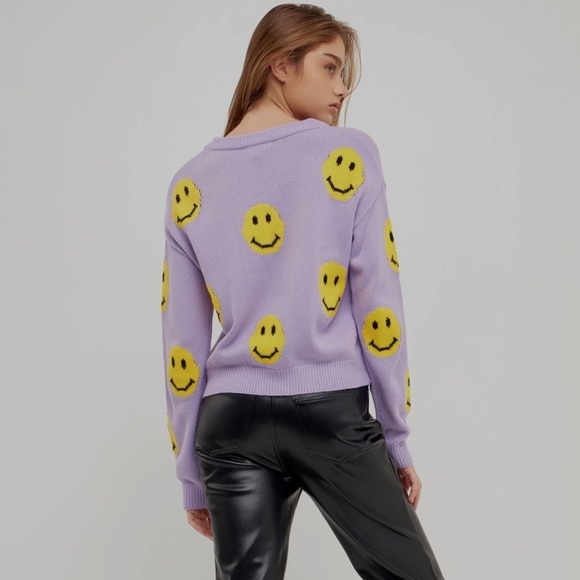 GREY LAB Smiley Face Pullover Sweater Novelty Retro 70s Lavender Size XL - Picture 3 of 16